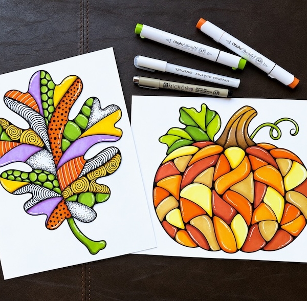 Easy fall mosaic abstract art with two free printable coloring pages including a fall oak leaf and a pumpkin. Includes a step by step art tutorial with lots of tips and tricks on how to use alcohol markers.