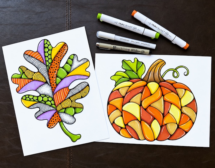 Easy fall mosaic abstract art with two free printable coloring pages including a fall oak leaf and a pumpkin. Includes a step by step art tutorial with lots of tips and tricks on how to use alcohol markers.