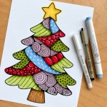 Two free Christmas coloring pages including a beautiful mosaic style Christmas tree and snowflake with small sections for coloring. This easy Christmas art project includes lots of coloring tips and tricks on how to make the pages look like stained glass with fun doodles and lots of ideas. Fun for kids and adults!