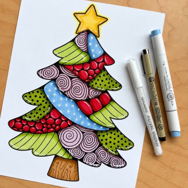 Two free Christmas coloring pages including a beautiful mosaic style Christmas tree and snowflake with small sections for coloring. This easy Christmas art project includes lots of coloring tips and tricks on how to make the pages look like stained glass with fun doodles and lots of ideas. Fun for kids and adults!