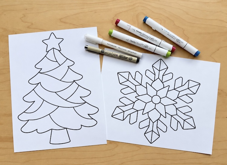 Christmas tree and mosaic style snowflake coloring pages. Free printables for Christmas to color with markers or colored pencils. 
