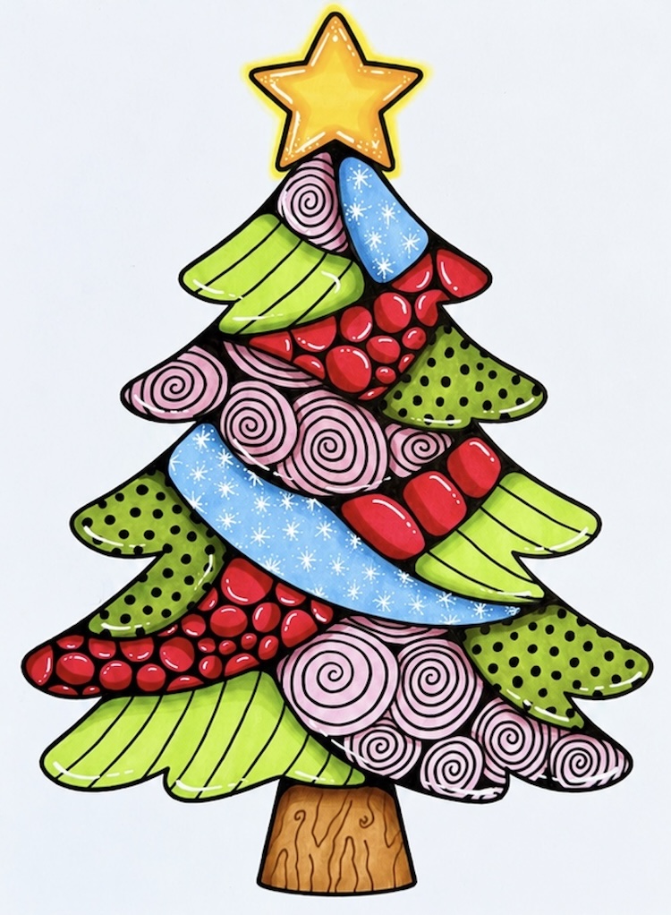 Christmas tree coloring page that looks like mosaic stained glass when finished. 