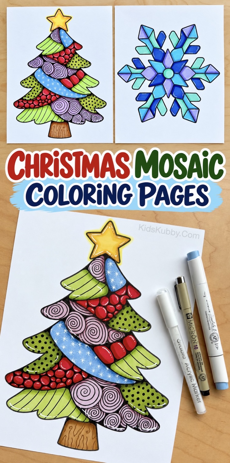 Two free mosaic style Christmas printable coloring pages including a Christmas tree and snowflake, plus a step by step art tutorial on how to make it look like stained glass. A fun, easy, and relaxing holiday art project for both kids and adults to try. It's low mess, simple, and great for all skill levels. 