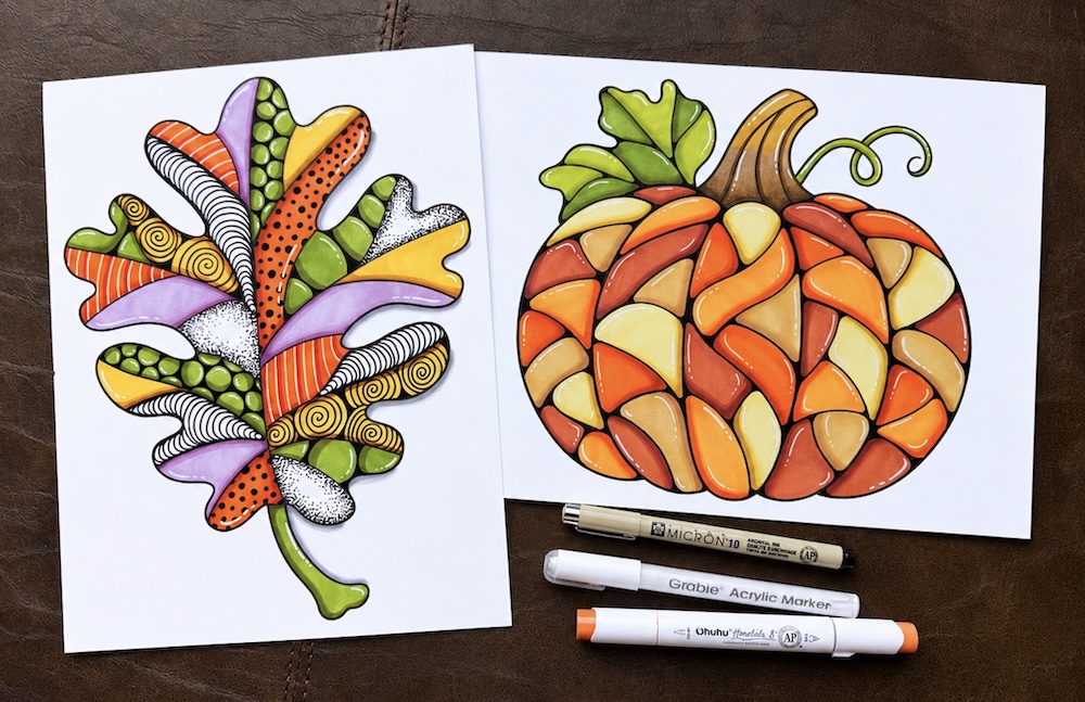 How to color mosaic style pumpkins and leaves for fall with free printable color pages and coloring tips. A fun project for both kids and adults! Make them as simple or as detailed as you'd like.