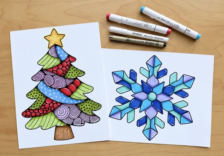 Fun mosaic style coloring pages for Christmas with an art lesson and coloring ideas to make them look like stained glass.