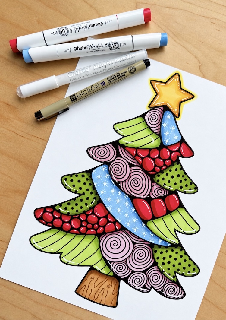Fun and easy Christmas tree mosaic coloring page with a step by step art tutorial with lots of coloring tips and ideas. 