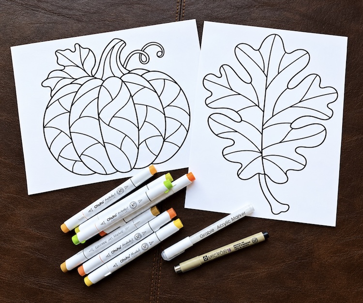 Mosaic pumpkin and leaf coloring pages to print for free.