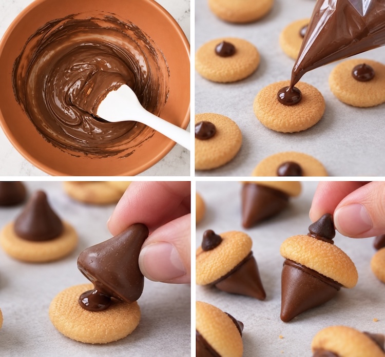 Making chocolate acorn treats with melted chocolate, Hershey's kisses, and mini Nilla wafers.