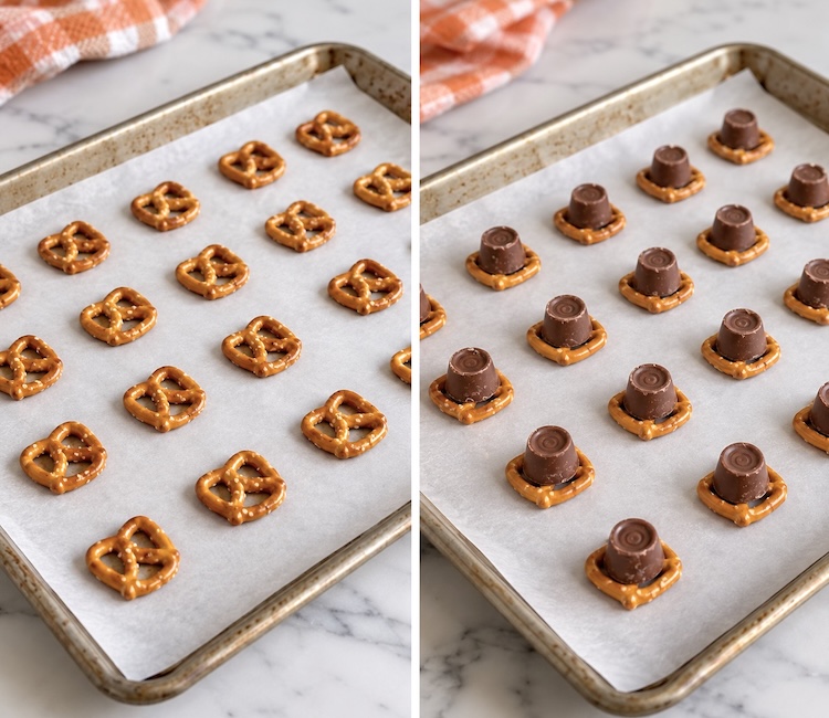 Pretzels on a baking sheet topped with Rolo chocolate candy, ready to be placed in the oven. 