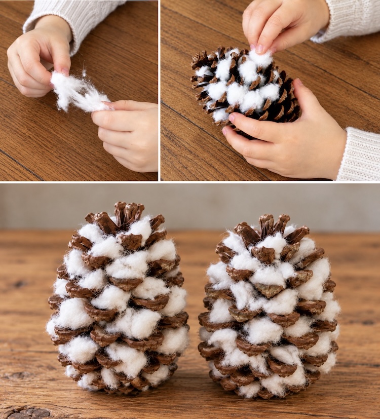 Stuffing pinecones with torn pieces of cotton balls to resemble snow for an easy winter craft. 