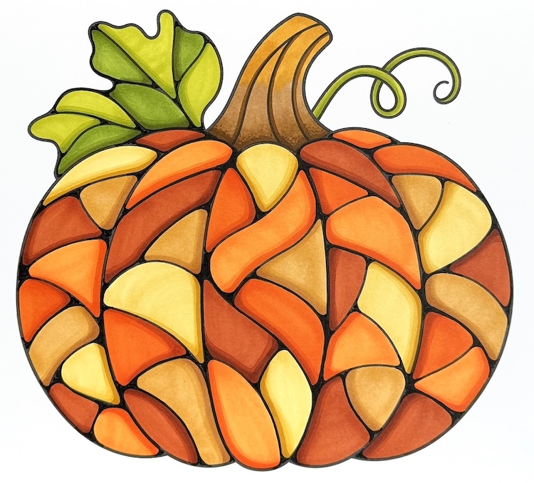 Shading with alcohol markers, tips and tricks. How to shade a fall pumpkin coloring page to look like mosaic art.