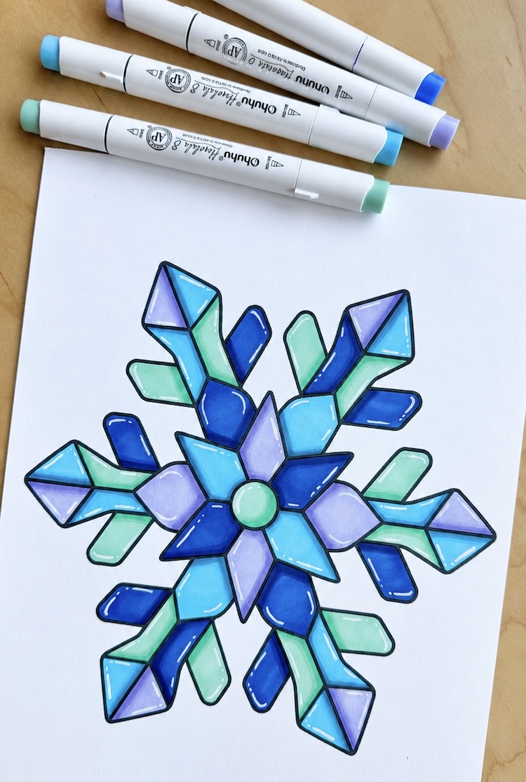 Snowflake coloring page, free printable from Kids Kubby with tips on how to color it to look like mosaic stained glass. 