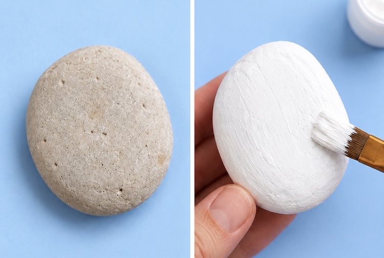Step one of making snowmen rocks. Give a clean, smooth and flat rock two coats of acrylic white paint.