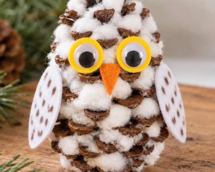 How to make the cutest snowy winter owls with pinecones, cotton balls, and felt. A simple holiday craft for kids of all ages that can be used as DIY home decor once finished!