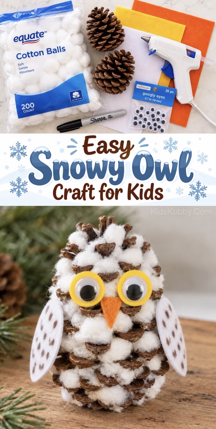 Craft tutorial: How to make DIY snowy owls for Christmas with pinecones and cotton balls. Just a few cheap and common supplies and no mess! This easy holiday project is great for kids of all ages to make at home. 