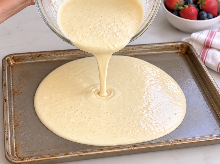Step one of making sheet pan pancakes. Pour the pancake mix batter onto a large greased sheet pan.