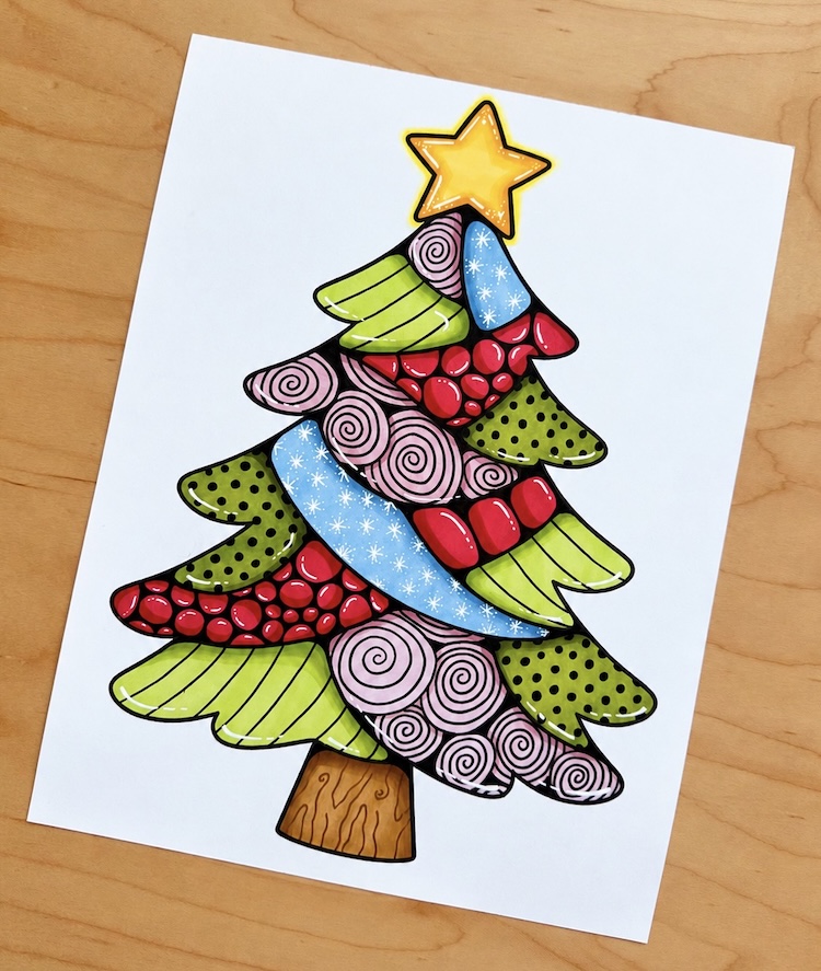 Creative and unique printable Christmas tree designed with small mosaic sections for coloring. 