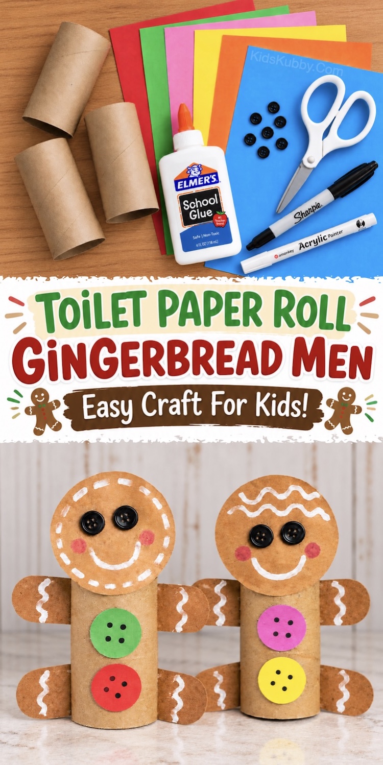 How to make the cutest gingerbread man craft with a step by step tutorial, lots of photos, and creative ideas. This easy Christmas craft for kids is made with just cheap and recycled toilet paper roll tubes, construction paper, and buttons.