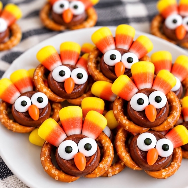 Easy treats to make at home with the kids! These chocolate pretzel treats are made with just a handful of ingredient including mini pretzel twists, Rolos candy, and candy corn. The combination is delicious and they are so cute for Thanksgiving!