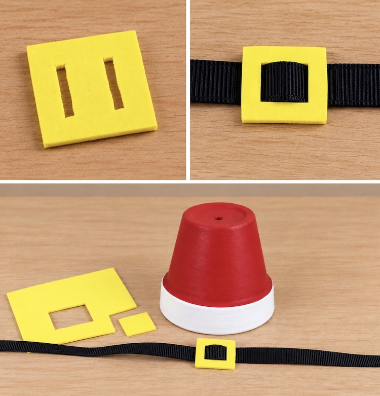 How to make the Santa hat buckle using yellow craft foam and a black ribbon. 