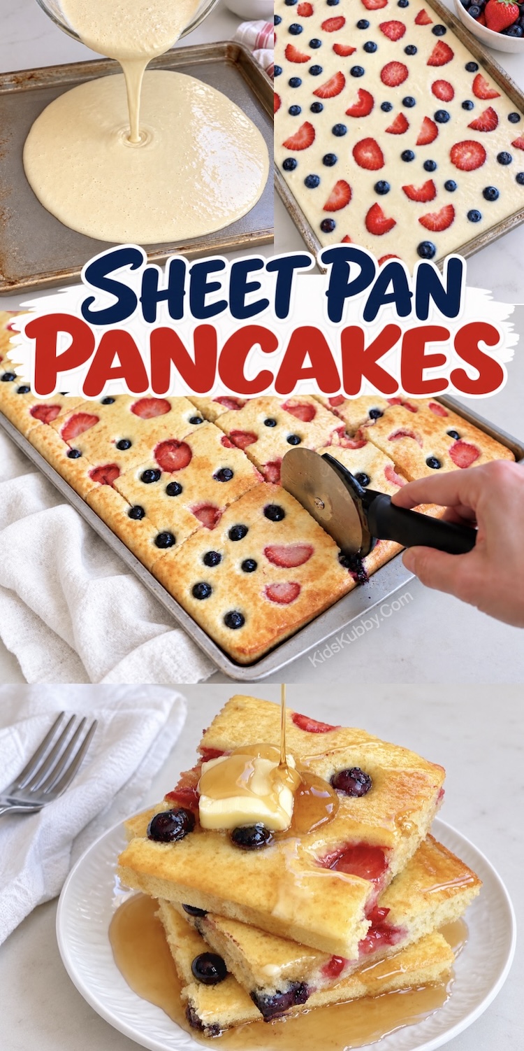 How to make pancakes quick and easy in the morning when you are feeding a crowd by baking them in the oven on a sheet pan. This simple recipe uses boxed pancake mix to make it extra lazy for busy mornings, holidays, slumber parties, or large families.