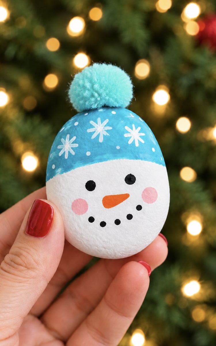 Easy snowman craft for kids to make this Christmas using just rocks, paint, and fuzzy pom poms to make the cutest little winter hats.