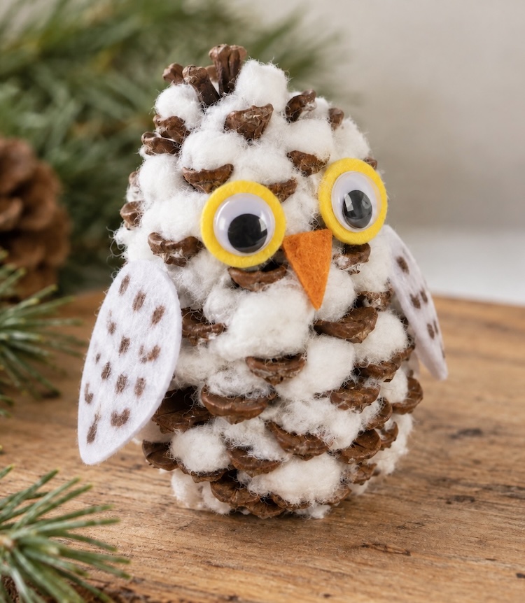 How to make snowy pinecone owls with a step by step craft tutorial. A fun winter project for kids to make for the holidays including Christmas and Thanksgiving. 