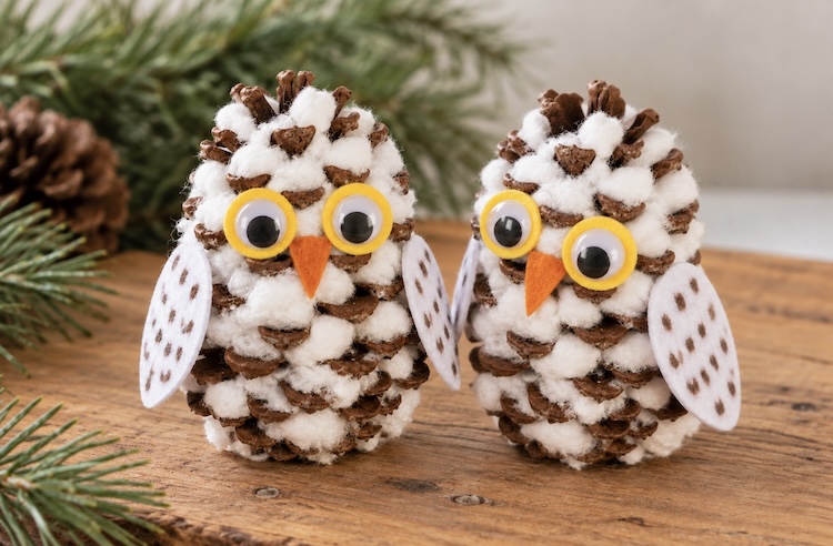 Easy and cute owl craft for the holidays made with pinecones and cotton balls.