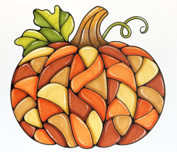 Easy pumpkin mosaic art idea for fall. How to use alcohol markers to make stained glass art on a free coloring page.