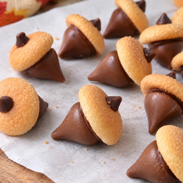 Easy fall no-bake chocolate treats made with Hershey's kisses and vanilla wafers. How to make them look like adorable acorns! A fun holiday party snack.