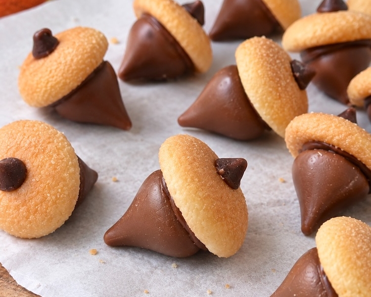 Easy fall no-bake chocolate treats made with Hershey's kisses and vanilla wafers. How to make them look like adorable acorns! A fun holiday party snack.