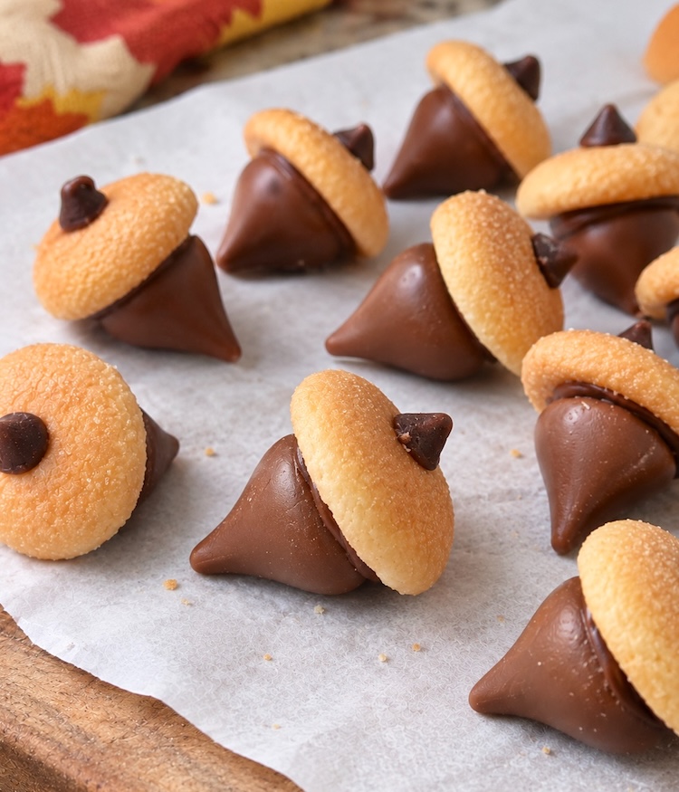 Easy fall no-bake chocolate treats made with Hershey's kisses and vanilla wafers. How to make them look like adorable acorns! A fun holiday party snack.