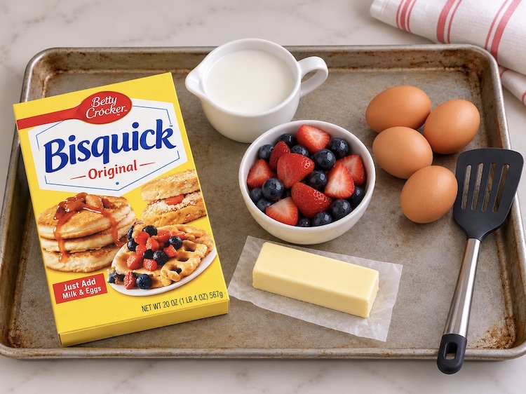 How to make pancakes in the oven with Bisquick pancake mix. A simple quick breakfast idea for large families.