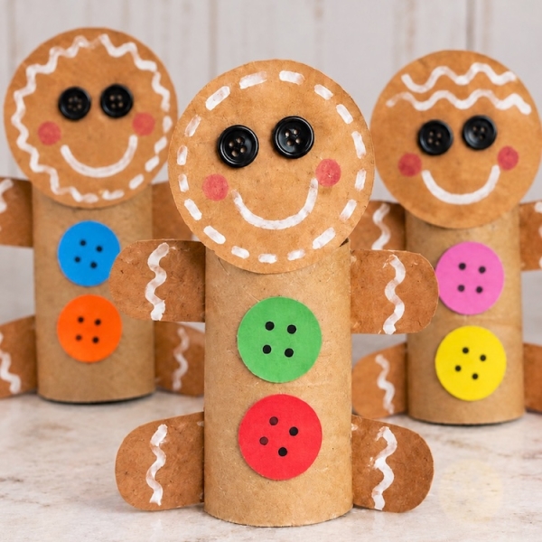 The cutest DIY gingerbread man craft made from recycled toilet paper roll tubes. A cheap and easy craft for Christmas kids will love making at home.