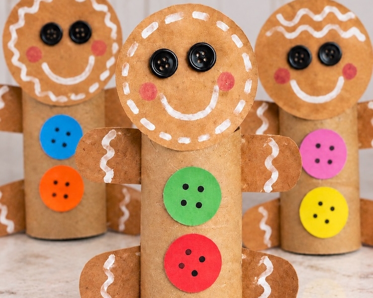 The cutest DIY gingerbread man craft made from recycled toilet paper roll tubes. A cheap and easy craft for Christmas kids will love making at home.