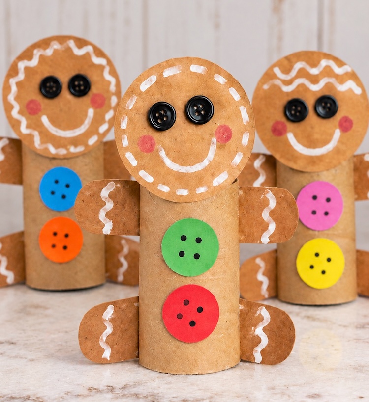 The cutest DIY gingerbread man craft made from recycled toilet paper roll tubes. A cheap and easy craft for Christmas kids will love making at home.