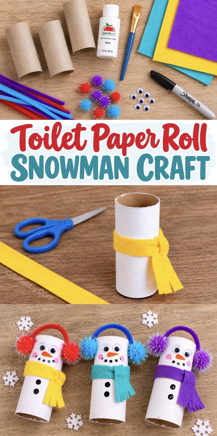 How to make an adorable DIY snowman craft for Christmas using cheap recycled toilet paper rolls, paint, felt, and cute earmuffs made with a pipe cleaner and fuzzy pom-poms. This simple holiday craft is idea for kids of all ages to make at home for the holidays!